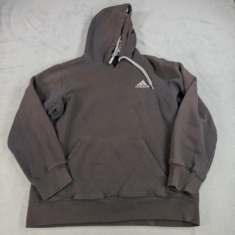 Adidas Mens Pullover Hoodie Black Grey Drawstring Embroidered‎ Logo Size Medium